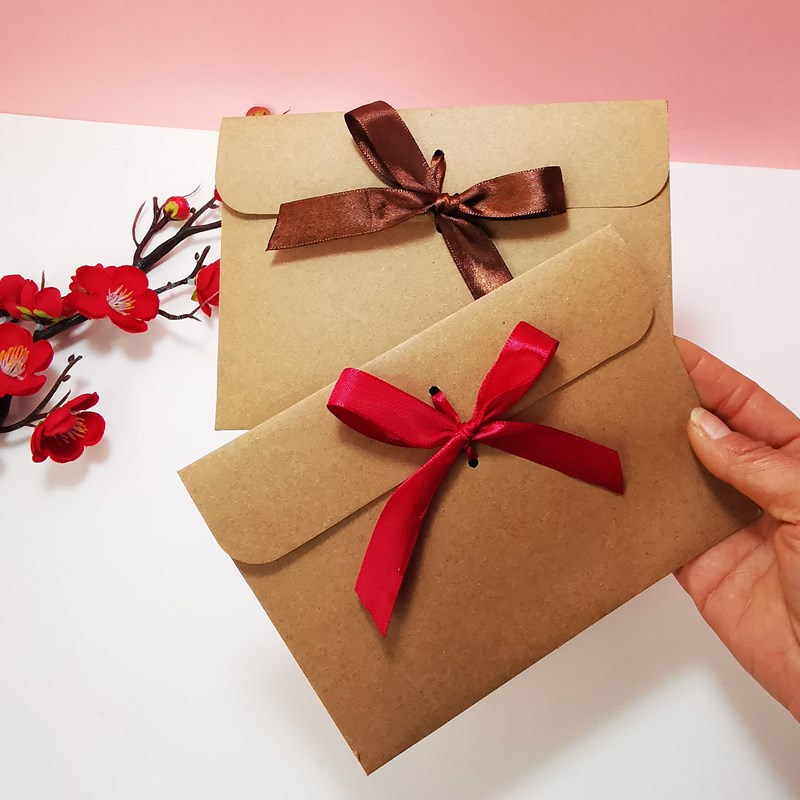 Letter Envelope Kraft - 10 ชิ้น/แพ็ค ซองกระดาษคราฟท์สไตล์เรโทร พร้อมริบบิ้นโบว์ สำหรับใส่ซีดี การ์ดอวยพร