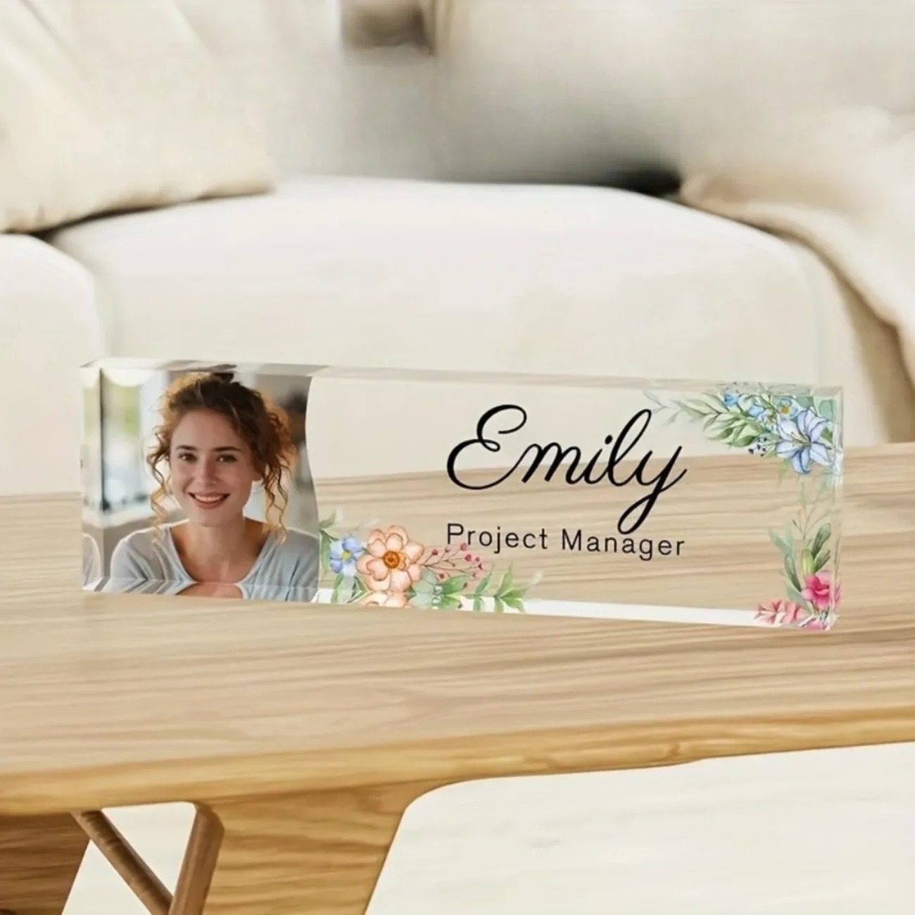 Desk Name Plate - ป้ายชื่ออะคริลิกตั้งโต๊ะลายดอกไม้แบบปรับแต่งได้ 1 ชิ้น, ป้ายตั้งโต๊ะภาษาอังกฤษแบบกำหนดเอง, ของตกแต่งสำนักงานอเนกประสงค์ที่ต้องมี