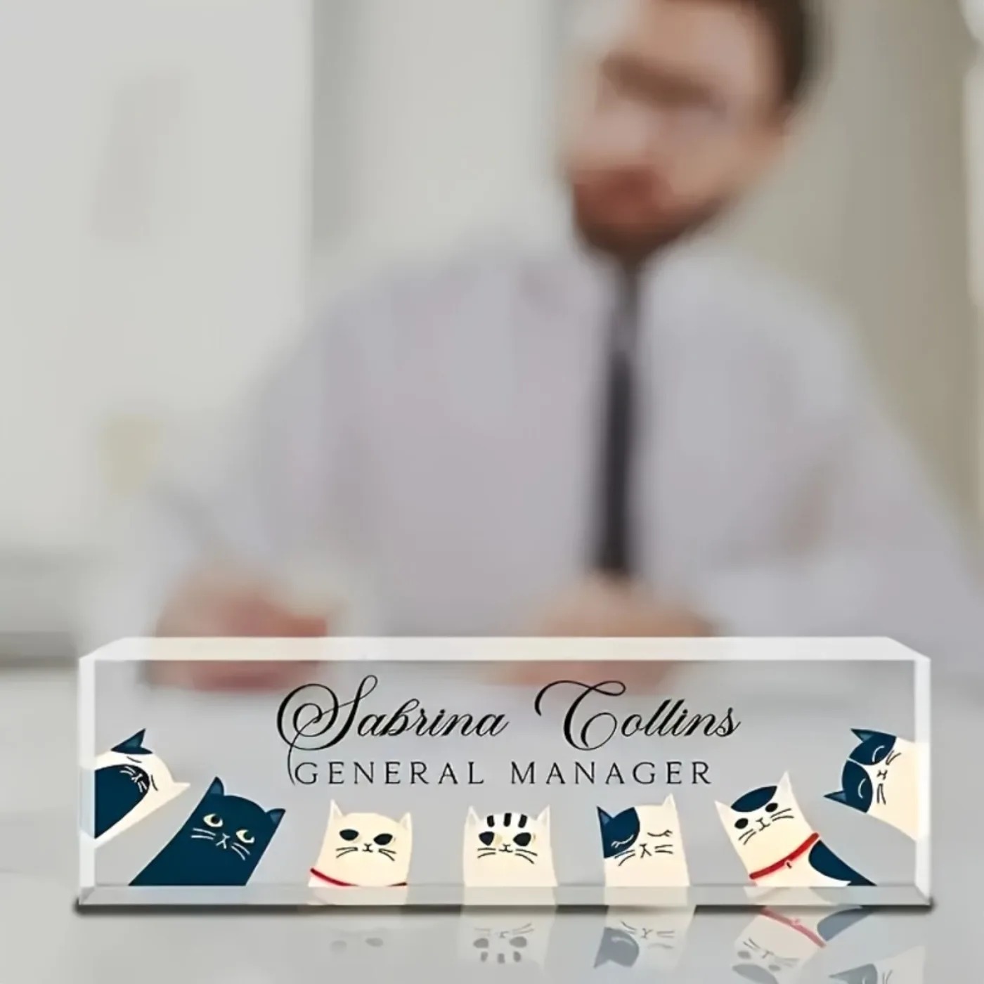 Desk Name Plate - [2D Flat] ป้ายชื่ออะคริลิกใสลายแมวแบบกำหนดเอง, ของตกแต่งสำนักงานและห้องเรียนที่ทันสมัยและทนทาน, สำหรับตกแต่งเท่านั้น