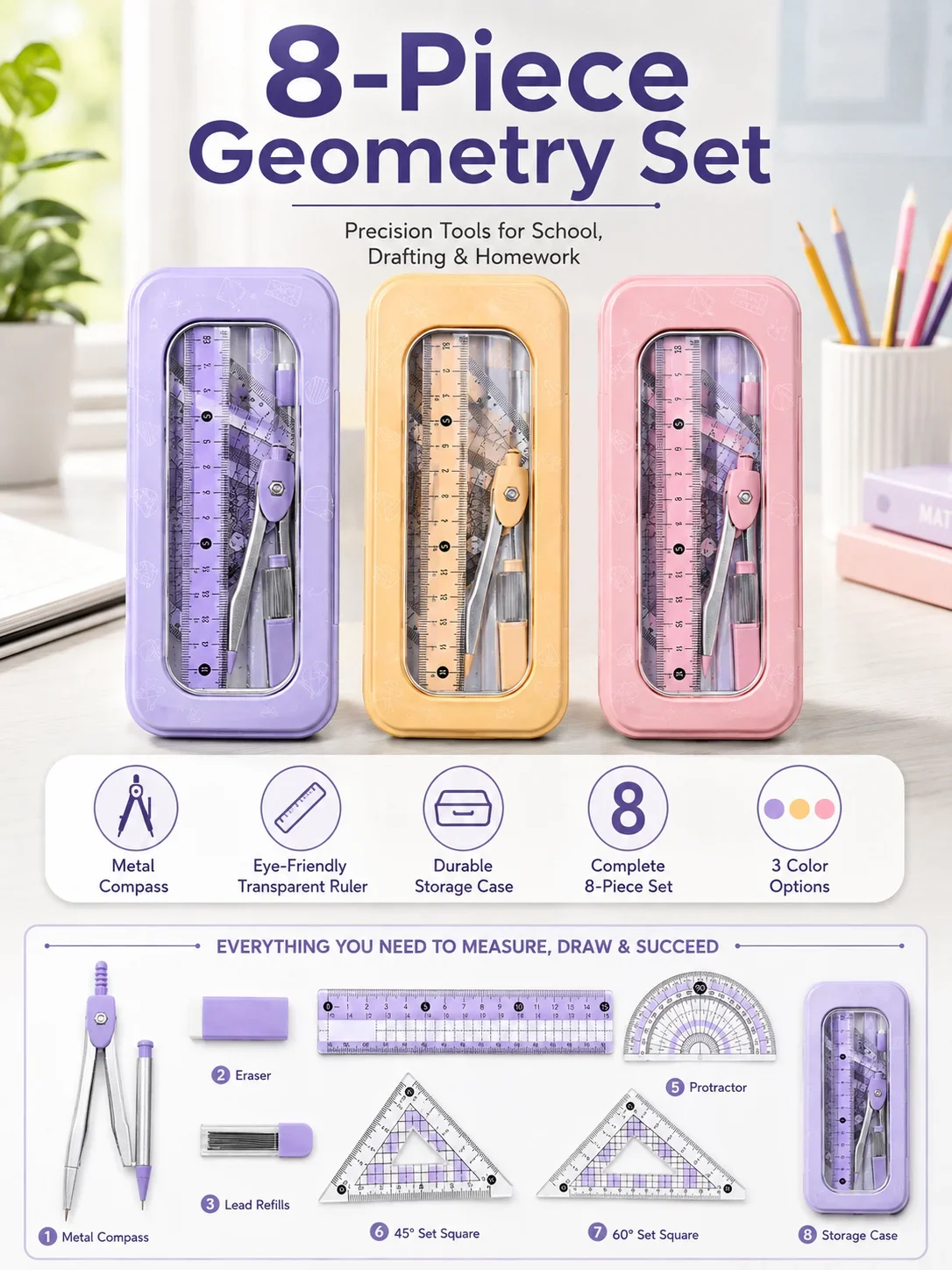 ชุดเครื่องมือเรขาคณิต 8 ชิ้นสำ - Compass Geometry Set บทวิจารณ์และราคา