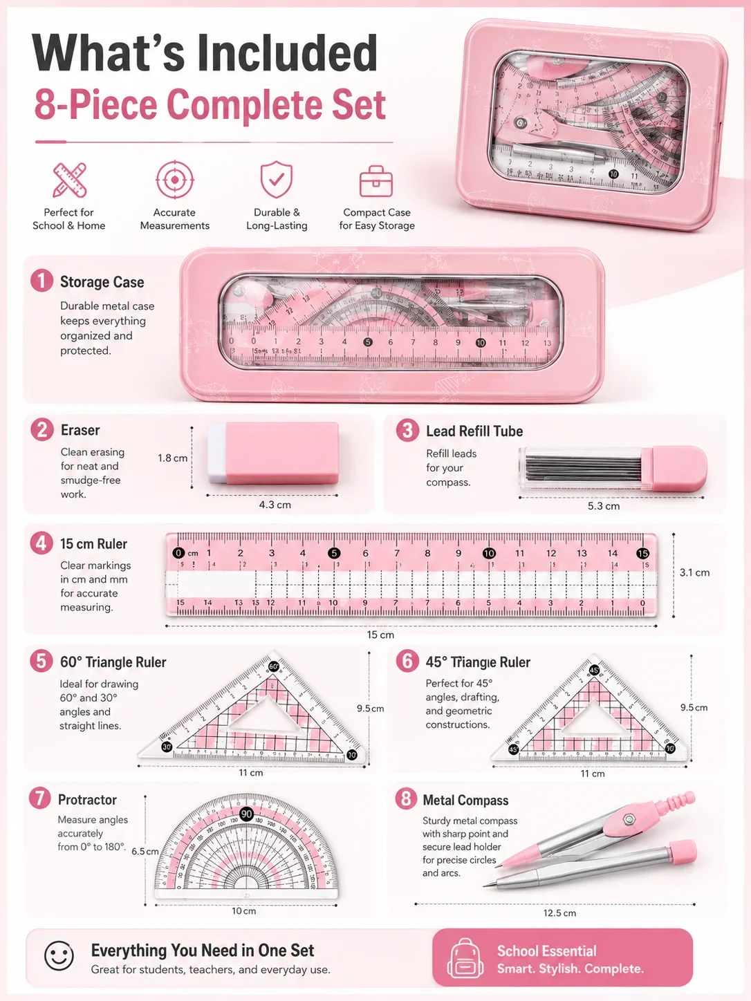 ชุดเครื่องมือเรขาคณิต 8 ชิ้นสำ - Compass Geometry Set บทวิจารณ์และราคา
